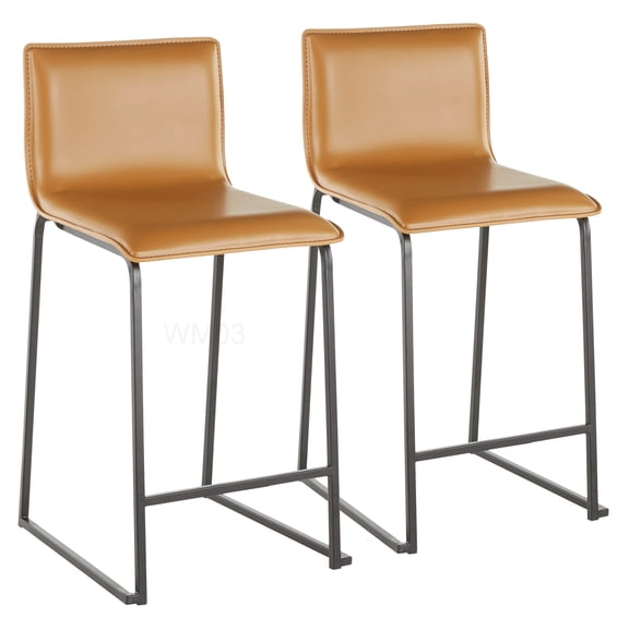 Contemporary 26 Inch Counter Stool Set, Camel Faux Leather Seat and Black Metal Base, Pack of 2