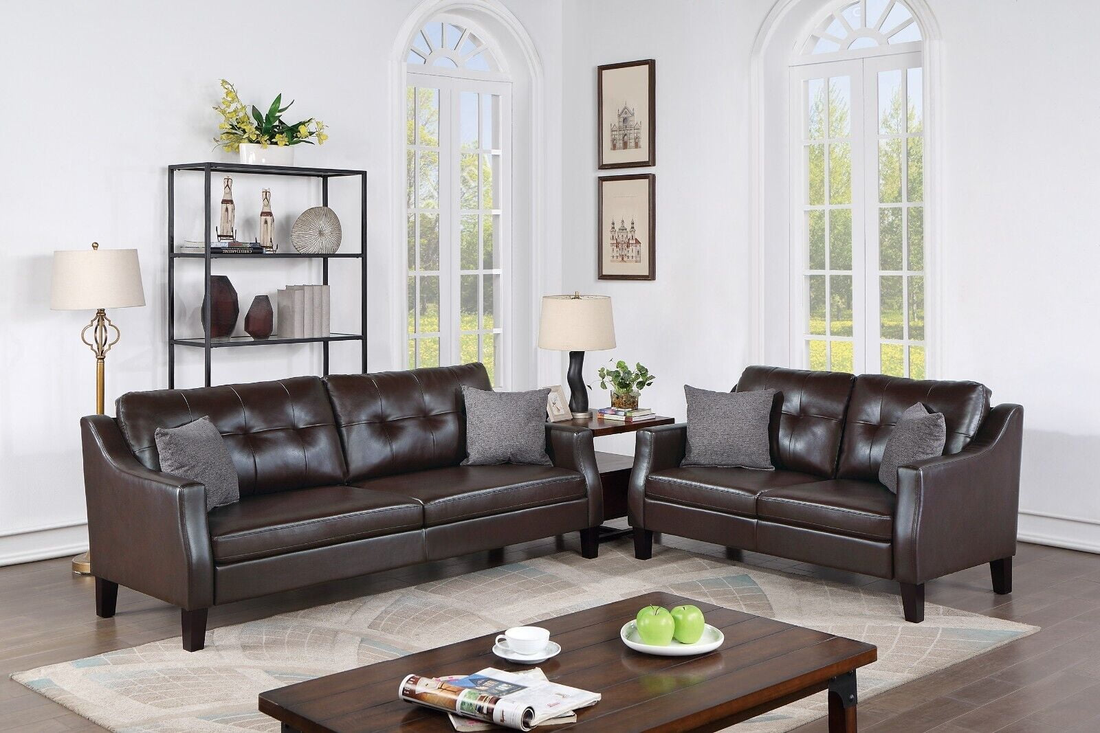 Dark Brown Gel Leatherette 2-Piece Sofa Set with Solid Wood Legs