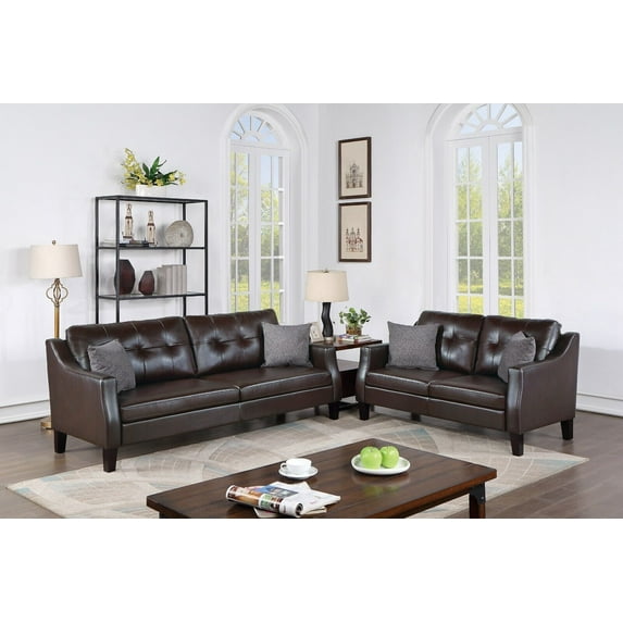 Contemporary 2pc Sofa Set Gel Leatherette Sofa Loveseat Dark Brown Tufted Couch Pillows Living Room Furniture