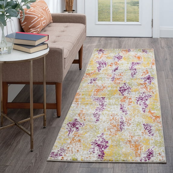 Contemporary 2x10 Area Rug (2'3'' x 10') Abstract Gold, Orange Indoor Runner Easy to Clean
