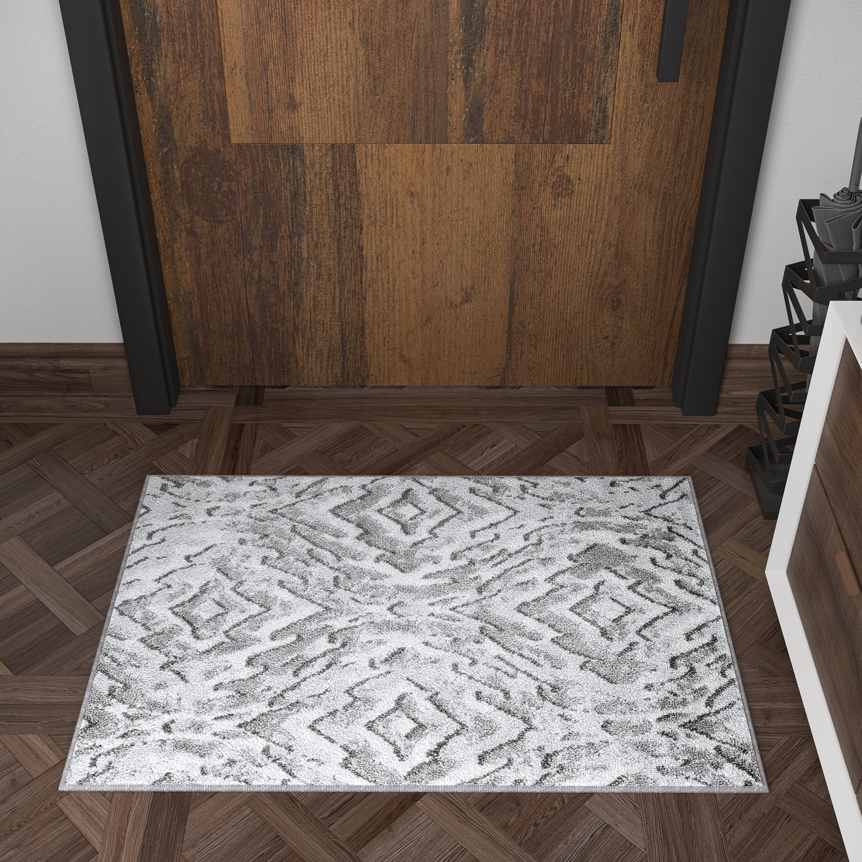 Contemporary 2x3 Area Rug (2' x 3') Geometric Silver, White Indoor Scatter Easy to Clean