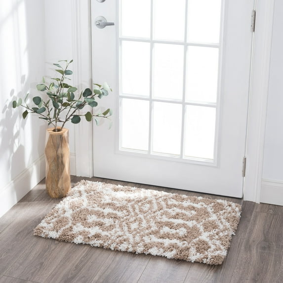 Jersey Shag Contemporary Geometric Tan and White Polypropylene Indoor Area Rug, 2'x3' Rectangle