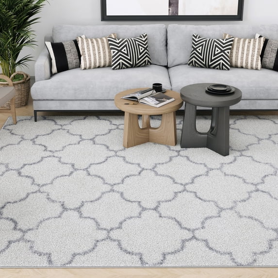 Contemporary 2x3 Area Rug Shag Thick (2' x 3') Trellis White, Gray Indoor Scatter Easy to Clean
