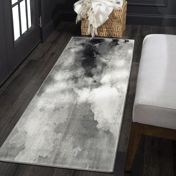 Contemporary 2x8 Area Rug (2'3'' x 7'3'') Abstract Gray, Cream Indoor Runner Easy to Clean