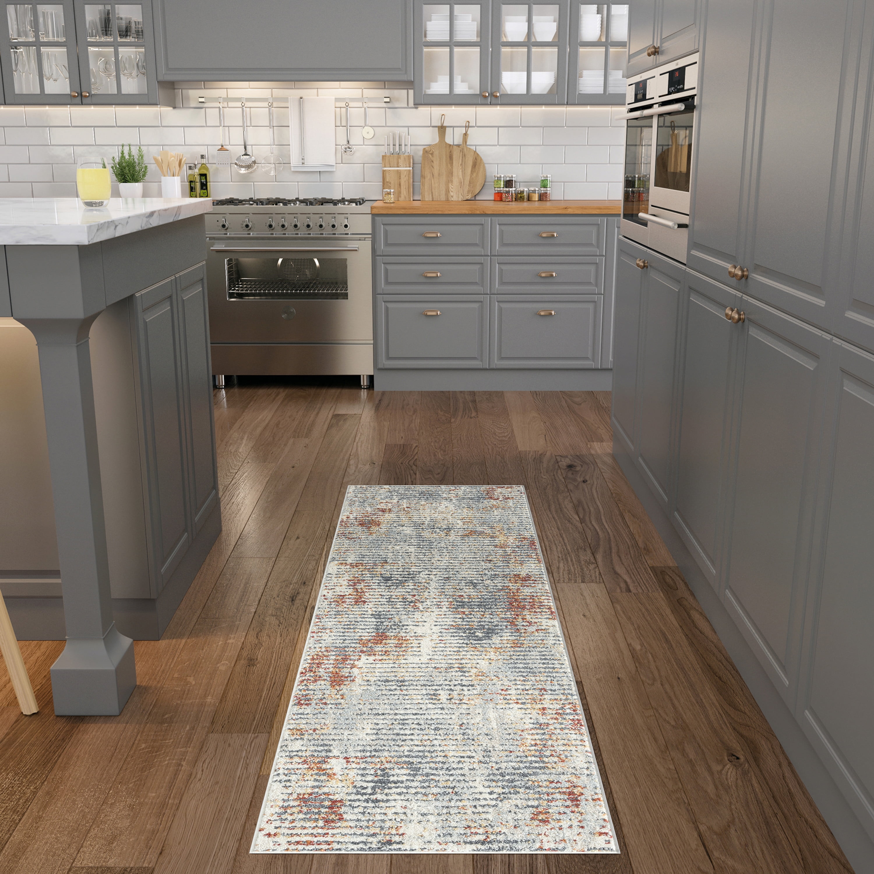 Contemporary 2x8 Area Rug (2'3'' x 7'3'') Abstract Gray, Rust Indoor Runner Easy to Clean