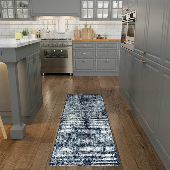 Contemporary 2x8 Area Rug (2'3'' x 7'3'') Abstract Navy, Cream Indoor Runner Easy to Clean