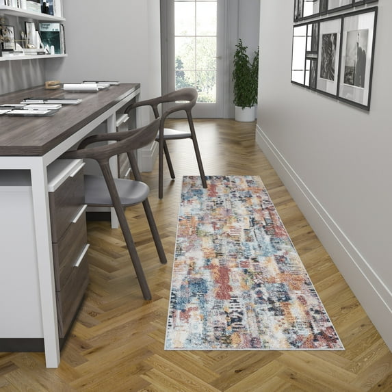 Contemporary 2x8 Area Rug (2'3'' x 7'3'') Abstract Pink, Cream Indoor Runner Easy to Clean