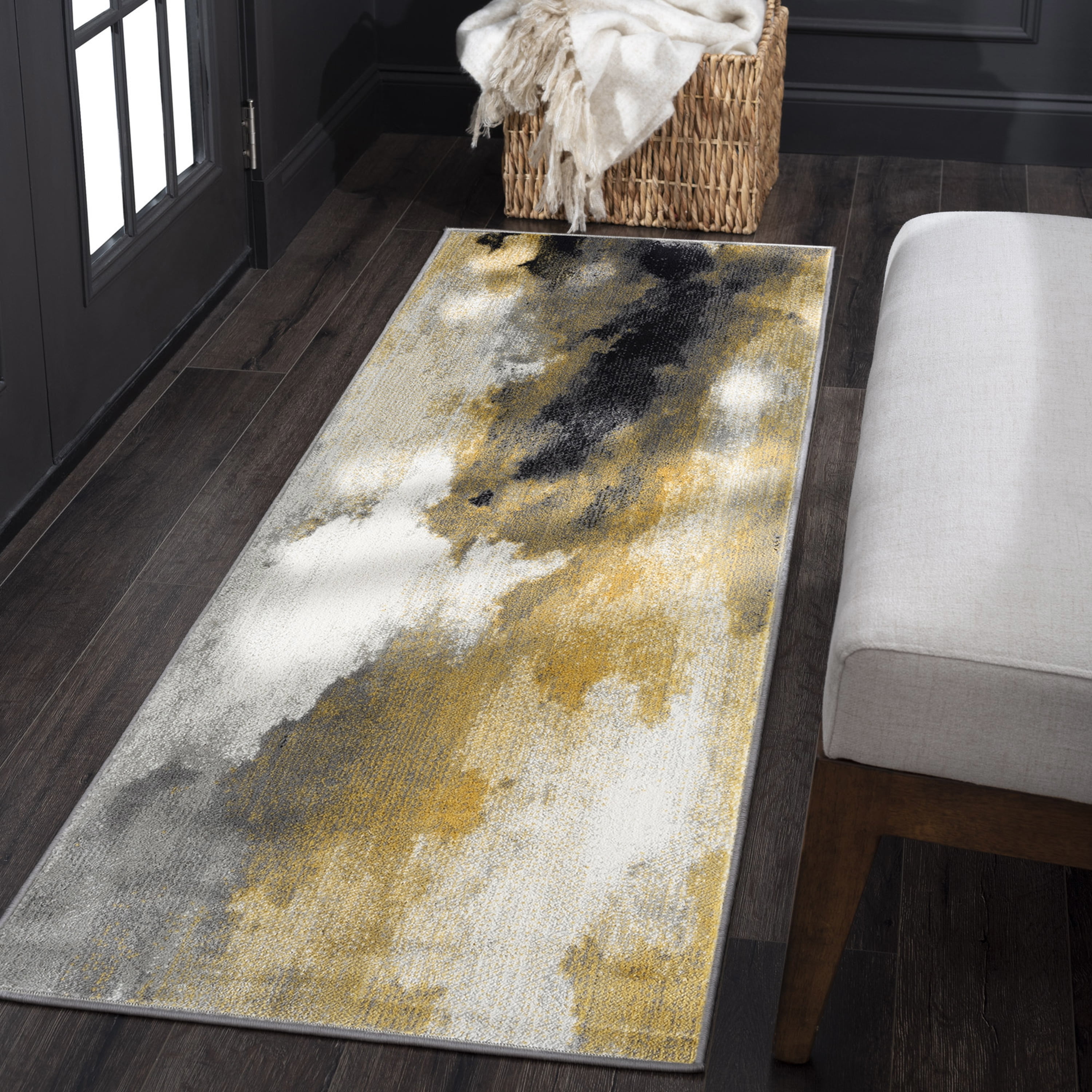 Contemporary 2x8 Area Rug (2'3'' x 7'3'') Abstract Yellow, Cream Indoor Runner Easy to Clean