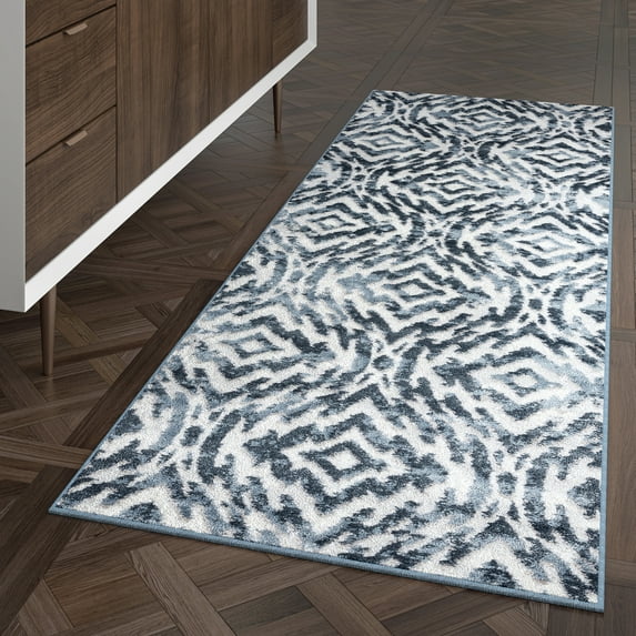 Contemporary 2x8 Area Rug (2'3'' x 7'3'') Geometric Blue, White Indoor Runner Easy to Clean