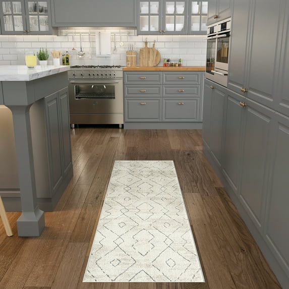 Contemporary 2x8 Area Rug (2'3'' x 7'3'') Geometric Cream, Gray Indoor Runner Easy to Clean