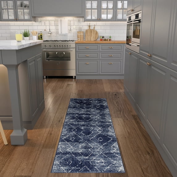 Contemporary 2x8 Area Rug (2'3'' x 7'3'') Geometric Navy, Cream Indoor Runner Easy to Clean
