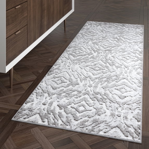 Contemporary 2x8 Area Rug (2'3'' x 7'3'') Geometric Silver, White Indoor Runner Easy to Clean