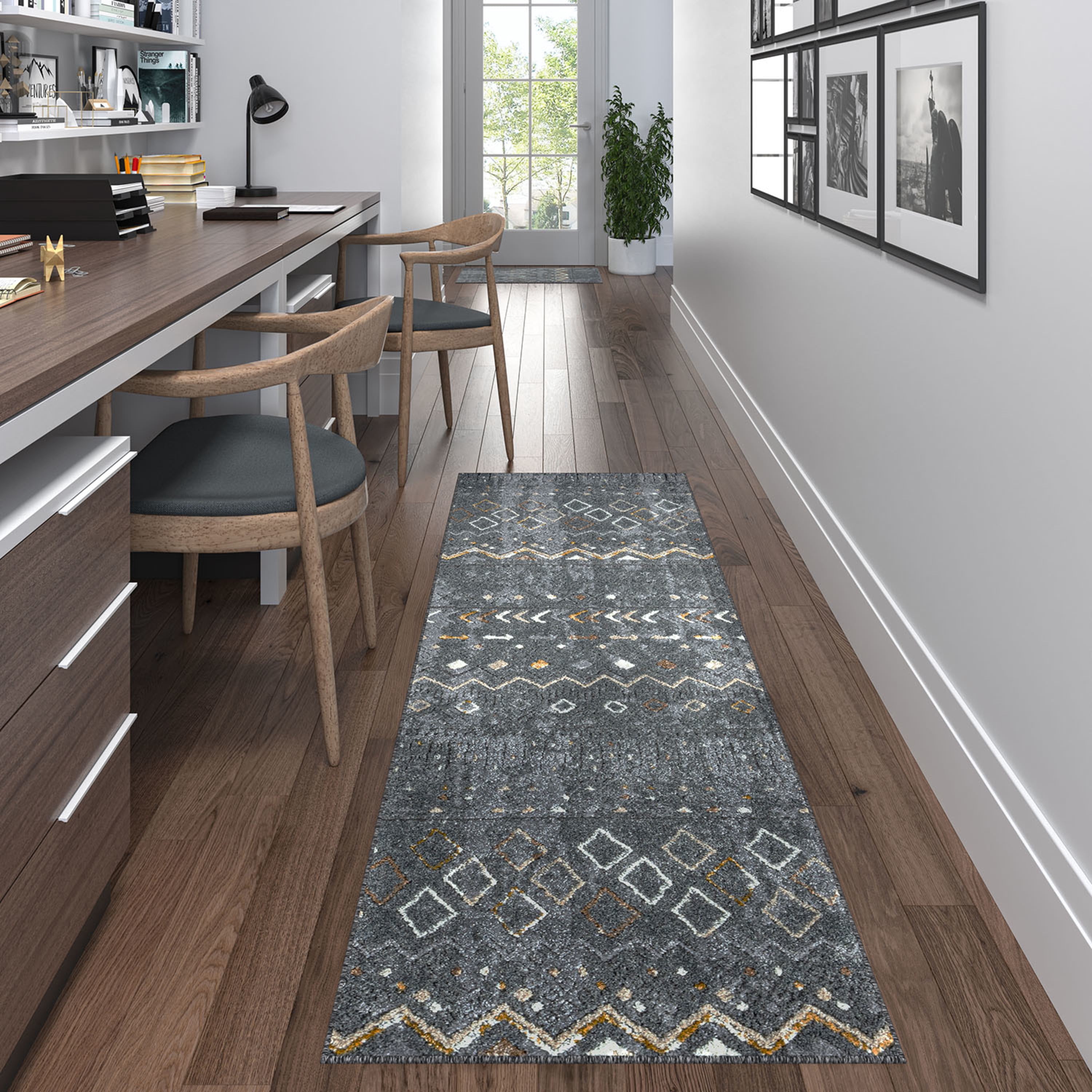 Contemporary 2x8 Area Rug (2'3'' x 7'3'') Tribal Dark Gray, Beige Indoor Runner Easy to Clean