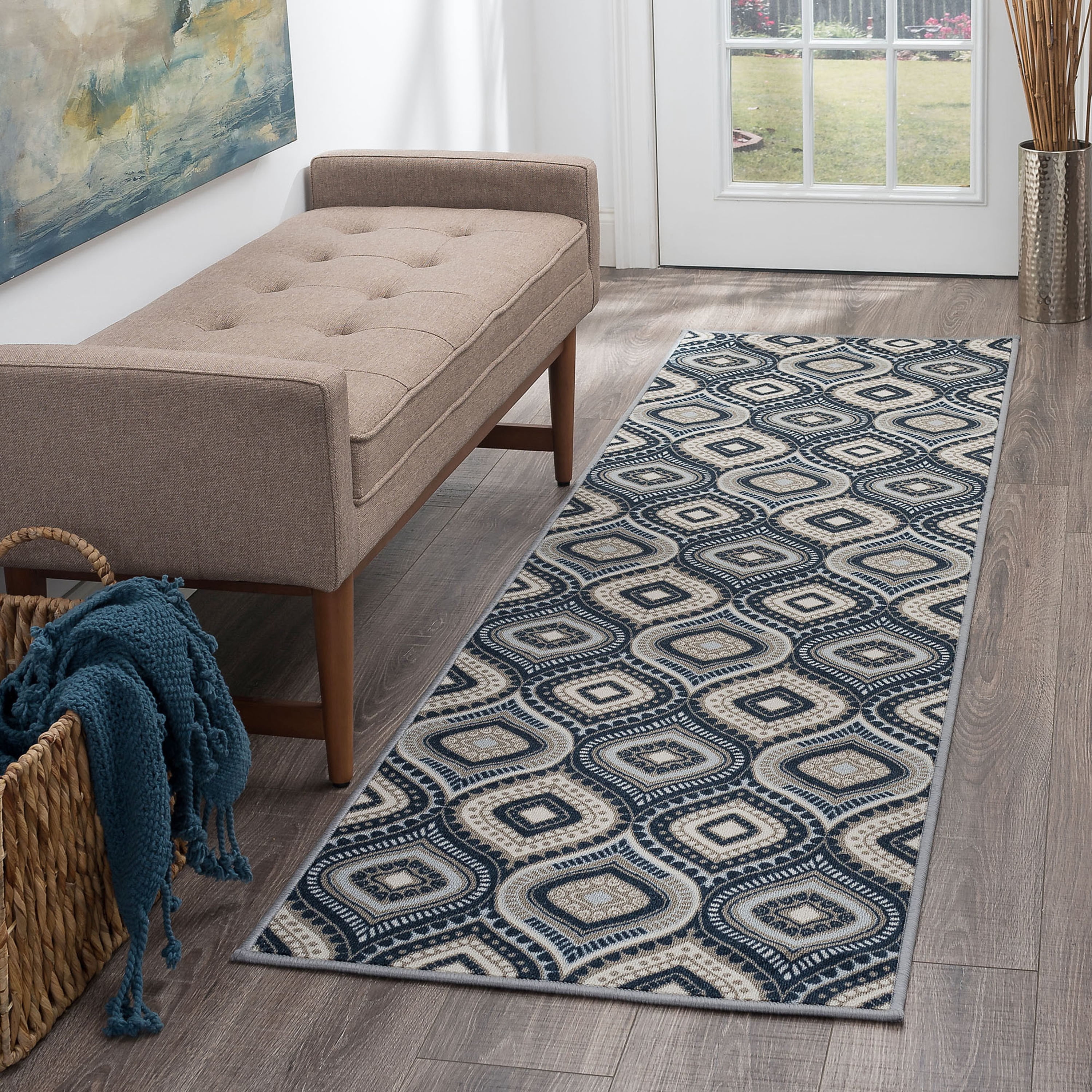 Contemporary 2x8 Area Rug (2'3'' x 7'6'') Geometric Navy, Taupe Indoor Runner Easy to Clean