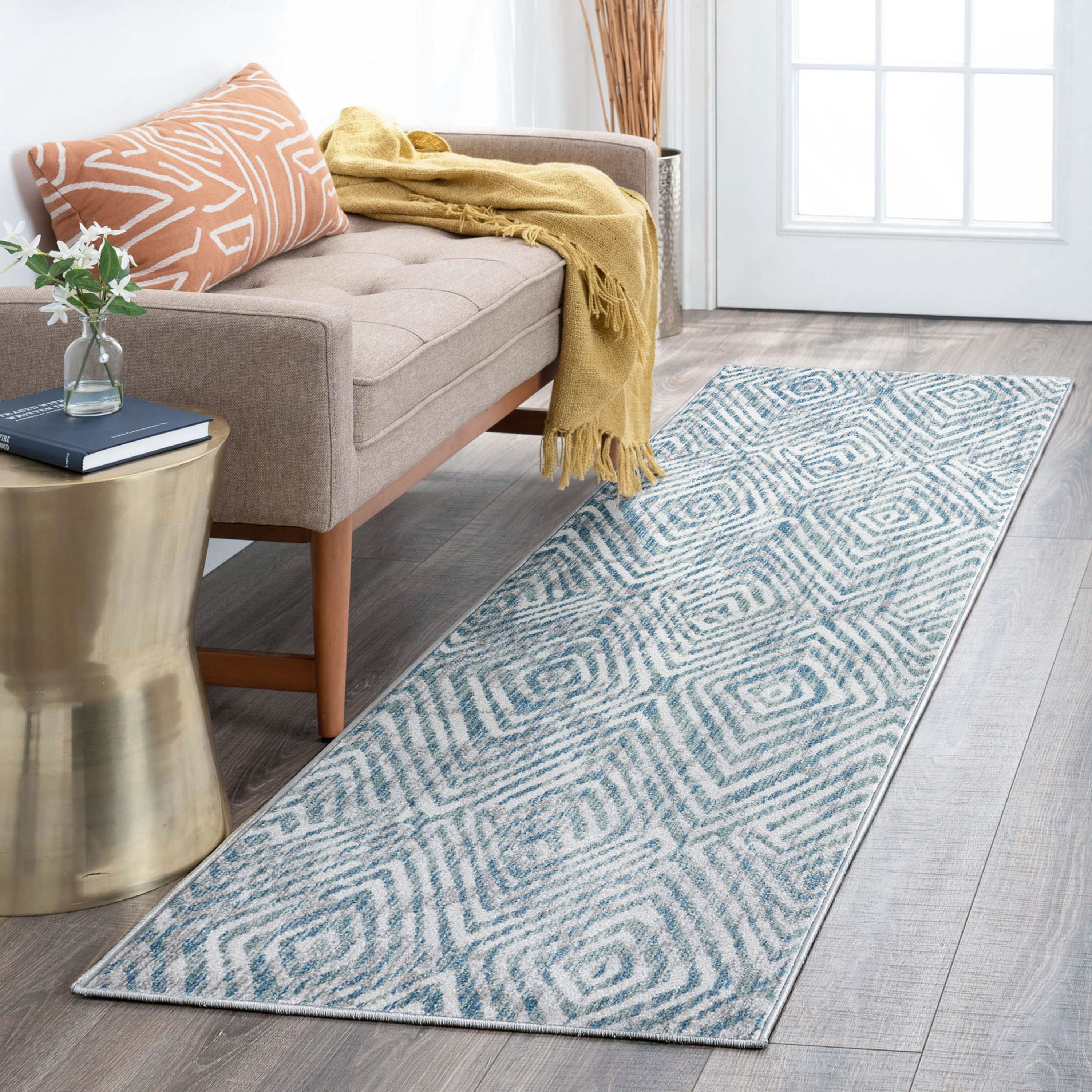 Contemporary 2x8 Area Rug (2'3'' x 7'7'') Abstract Navy, Cream Indoor Runner Easy to Clean