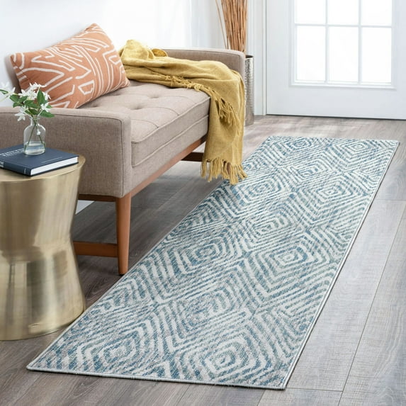 Contemporary 2x8 Area Rug (2'3'' x 7'7'') Abstract Navy, Cream Indoor Runner Easy to Clean
