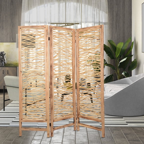 Contemporary 3 Panel Wood Screen with Horizontal Branch Design, Brown - Saltoro Sherpi