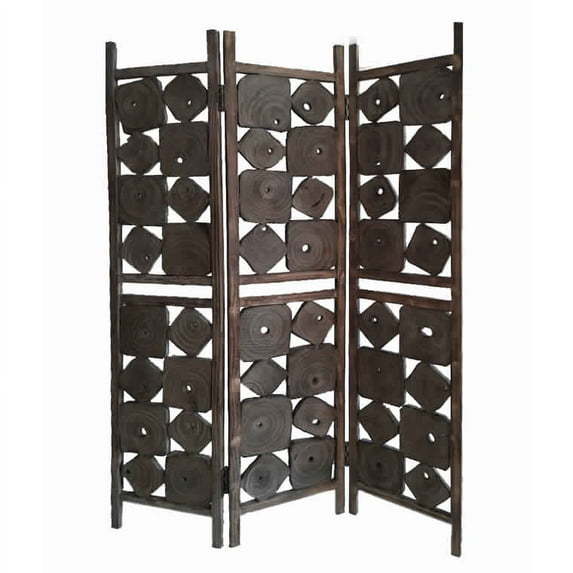Contemporary 3 Panel Wooden Screen with Square Log Cut Inset, Brown - Saltoro Sherpi