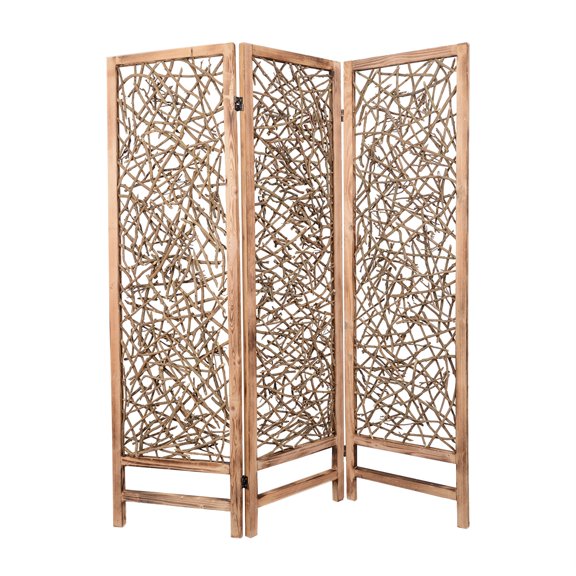 Contemporary 3 Panel Wooden Screen with Willow Branch Inset, Brown - Saltoro Sherpi