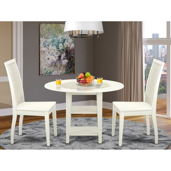 Contemporary 3 Piece Dining Set in Linen White - Rubberwood Table with 2 Wooden Seat Chairs, Sleek Design, Easy to Clean.