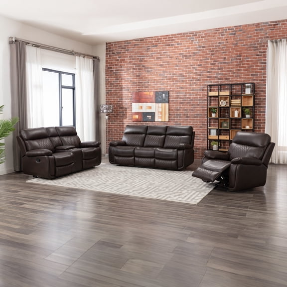 Contemporary 3-Piece Faux Leather Upholstered Living Room Sofa Set, Sofa Loveseat & Chair, Brown