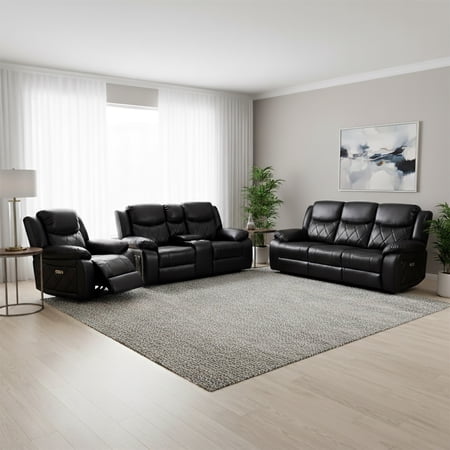 Contemporary 3-Piece Plush Faux Leather Upholstered Power Reclining Sofa Set, Sofa Loveseat & Chair, Black
