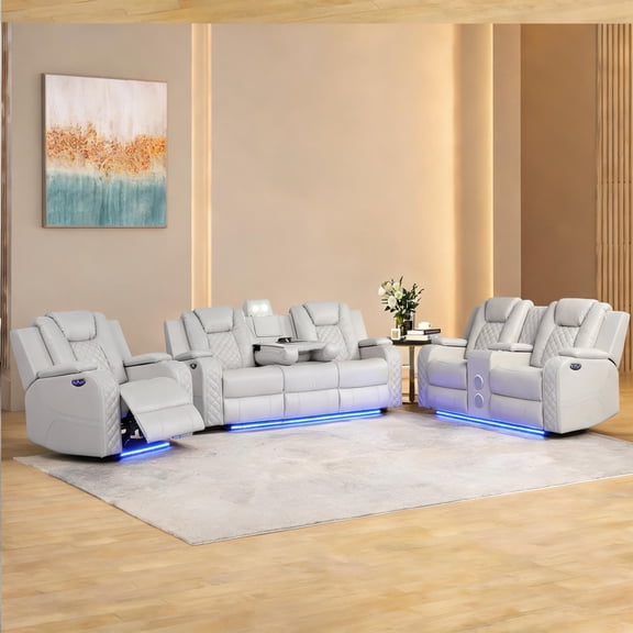 Contemporary 3-Piece Power Reclining Living Room Set in Warm Beige Faux Leather with LED Ambient Lighting