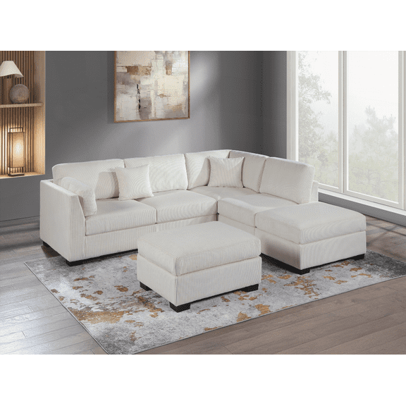 Contemporary 3-Piece Reversible Sectional Sofa Set with Beige Corduroy Upholstery and Pillows for Living Room