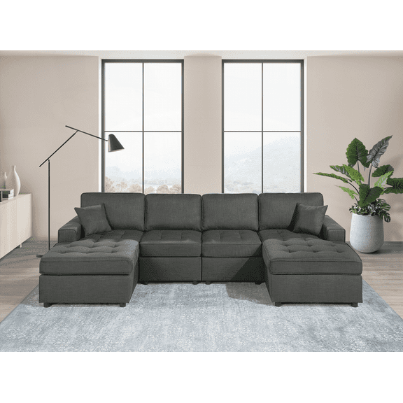 Contemporary 3-Piece Sectional Sofa Set with Ash Black Dorris Fabric & Pillows for Living Room
