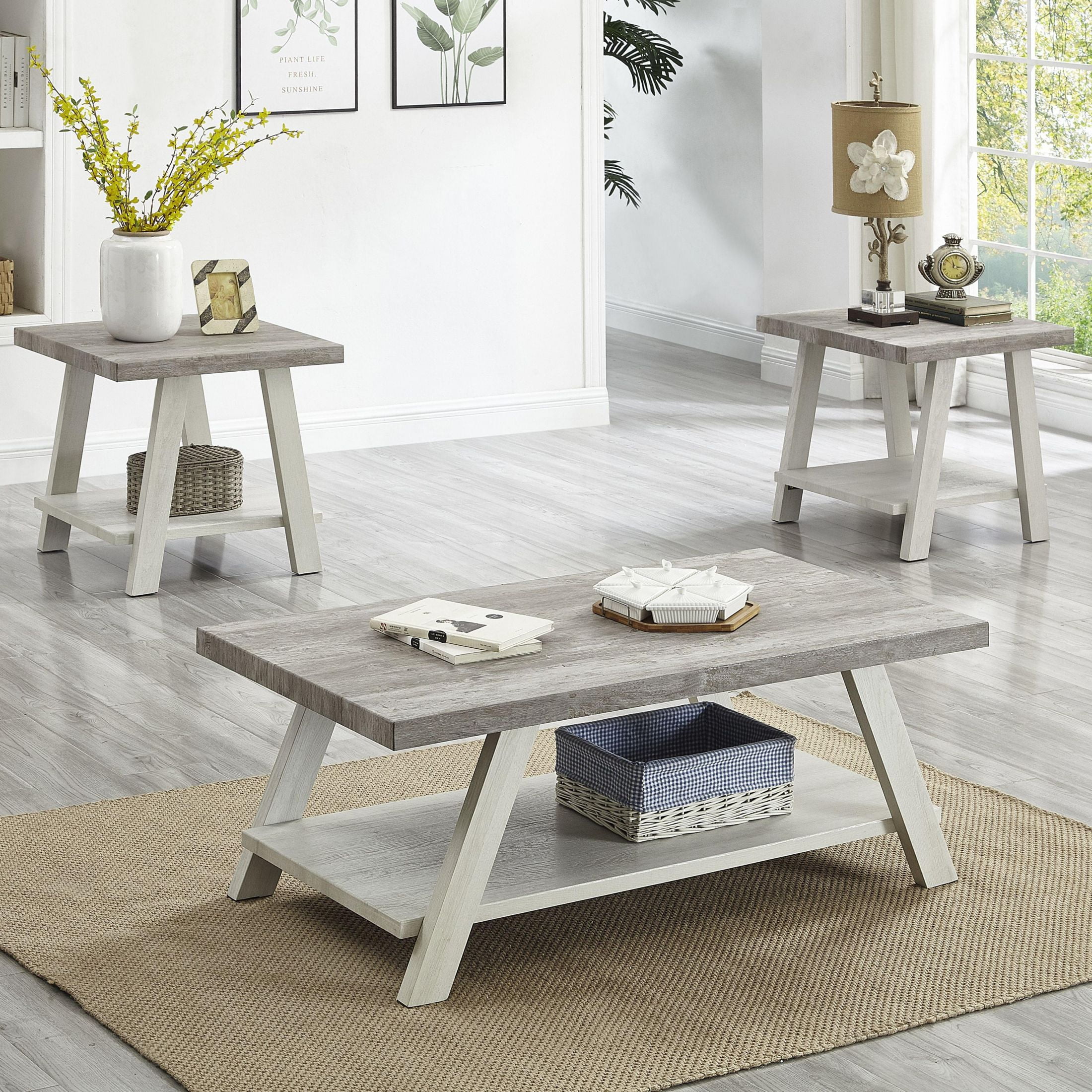 Athens Weathered Gray and Beige 3-Piece Wood Coffee Table Set