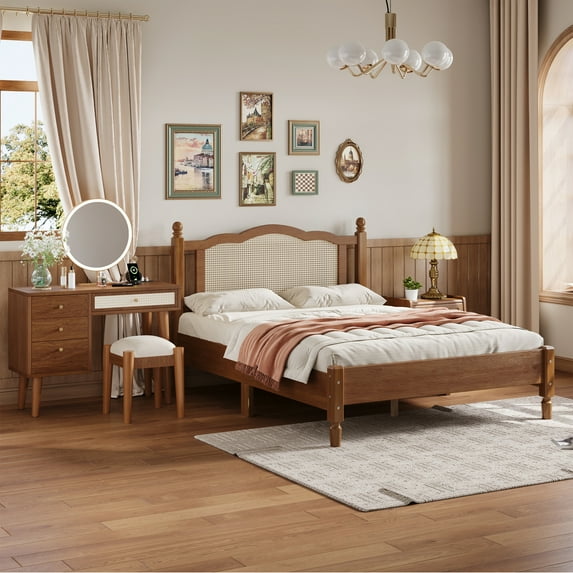 Contemporary 3 Pieces Rattan Bedroom Set with Full Platform Bed Frame, 1 Vintage Nightstand and 1 Makeup Vanity Set with Stool, Walnut