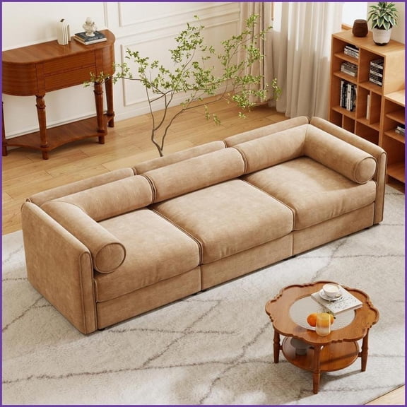 Contemporary 3-Seater Beige Chenille Sofa with Storage Seat | Round Arms | Modular Living Room Couch