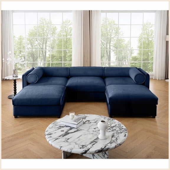 Contemporary Blue Chenille 3-Seater Sofa with Storage – Modular U-Shape & Ottoman for Living Room