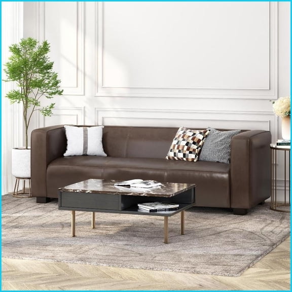 Contemporary 3-Seater Upholstered Sofa Tuxedo Design with Birch Wood Legs for Living Room | Dark Brown | Fabric | Birch Wood
