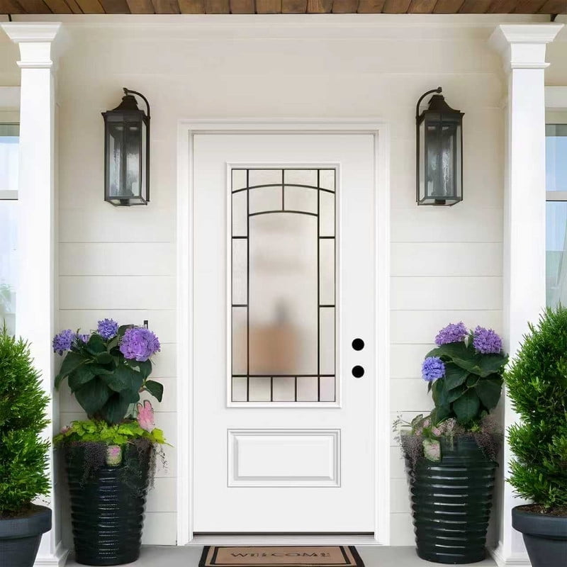 Contemporary 36" x 80" Front Door, Smooth Fiberglass Entry with 3/4 Lite Frosted Glass，Exterior Entry Door For Home