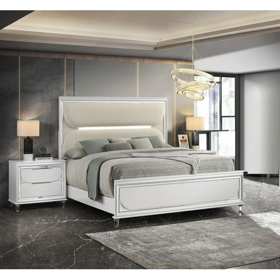 Contemporary 3Pc Queen Size LED Light Upholstered Bed Set Storage White Wooden Bedroom Furniture