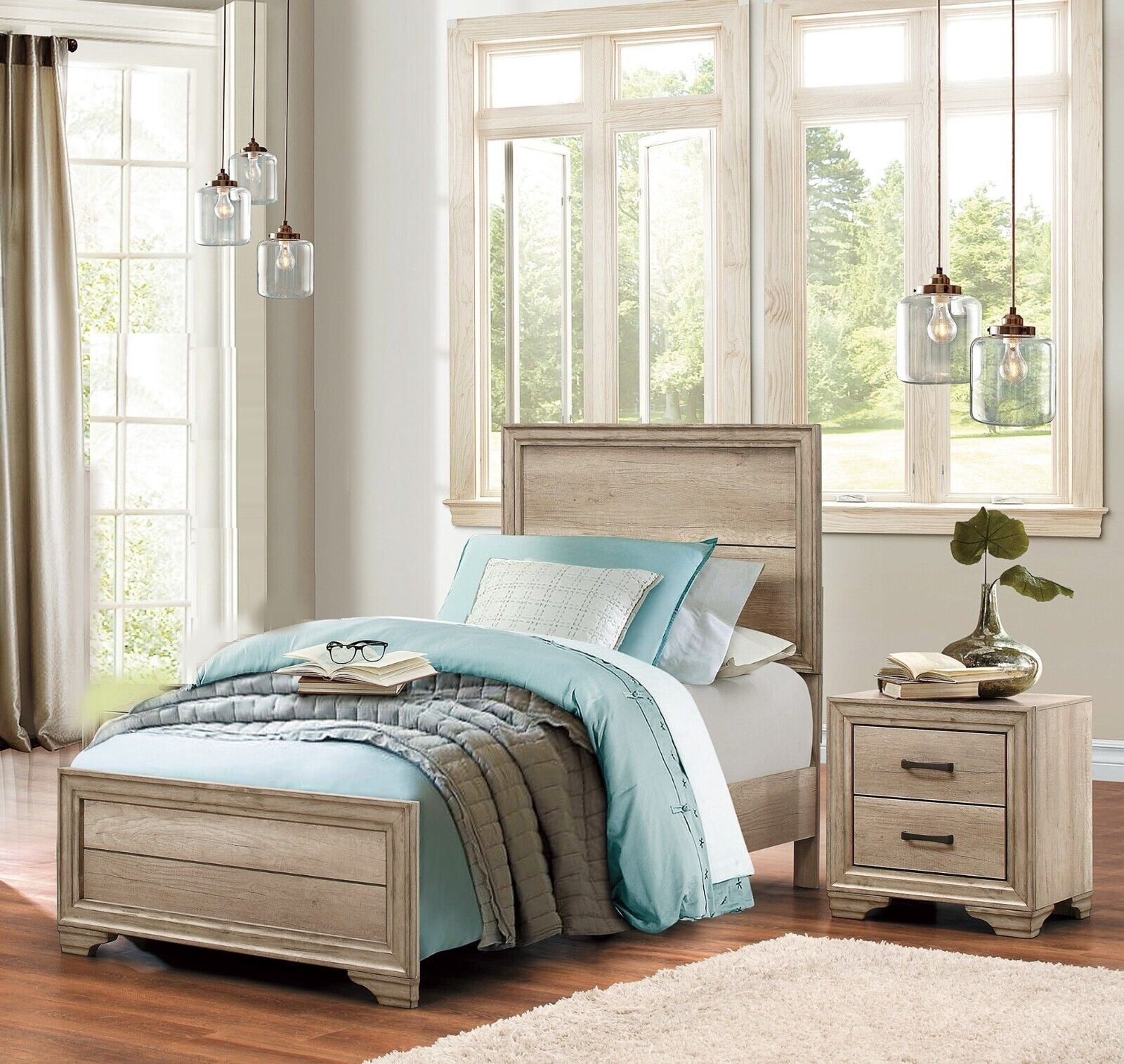 Contemporary 3pc Bedroom Set Twin Size Bed and Two Nightstands Natural ...