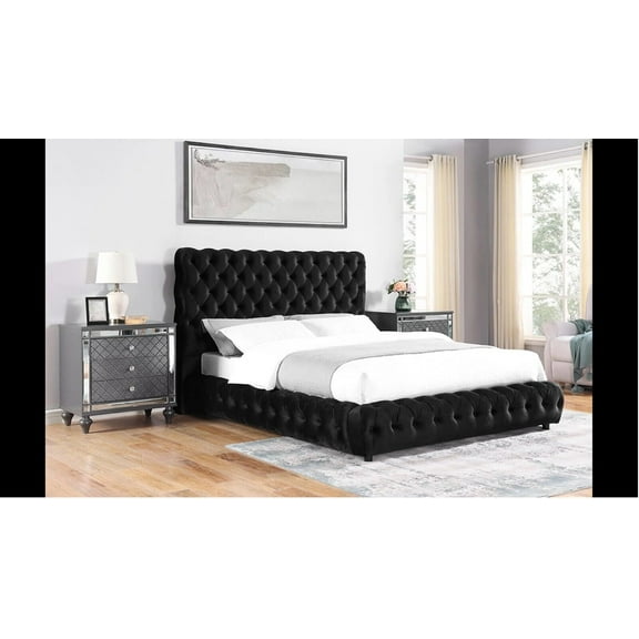 Contemporary 3pc Black Fabric Upholstered Queen Size Bed and Nightstand Set Tufted Headboard Footboard Bedroom Furniture