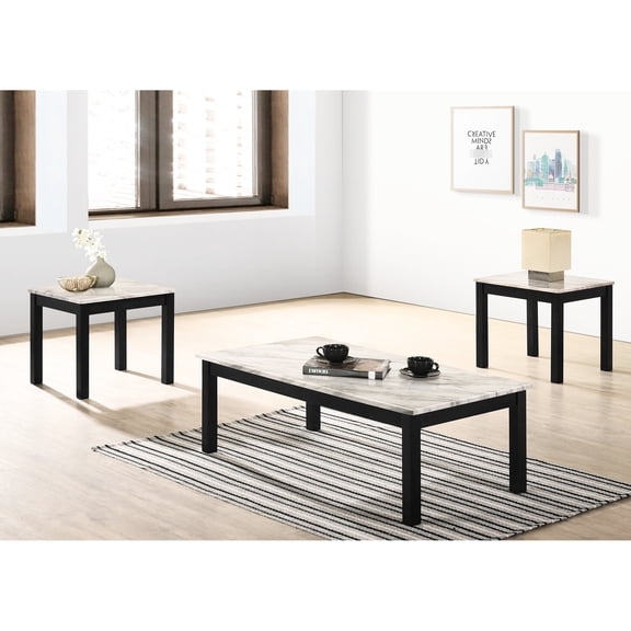 Contemporary 3pc Coffee Table : White Faux Marble, Black Rubberwood Legs, Living Area 3pc With Marvelous Marble Surface And Legs For Room