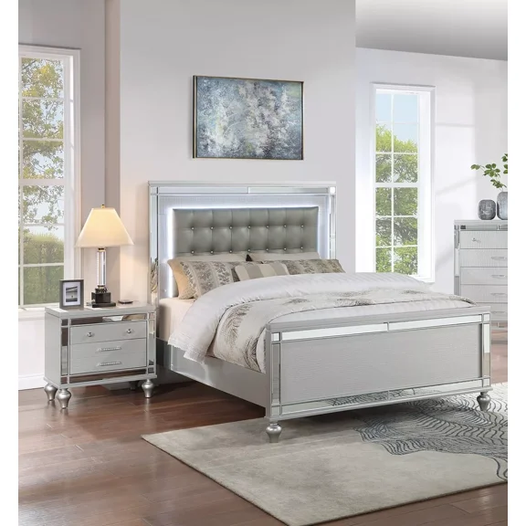 Contemporary 3pc King Size Bed Set W LED Tufted Faux Leather Nightstands Silver Master Bedroom Furniture