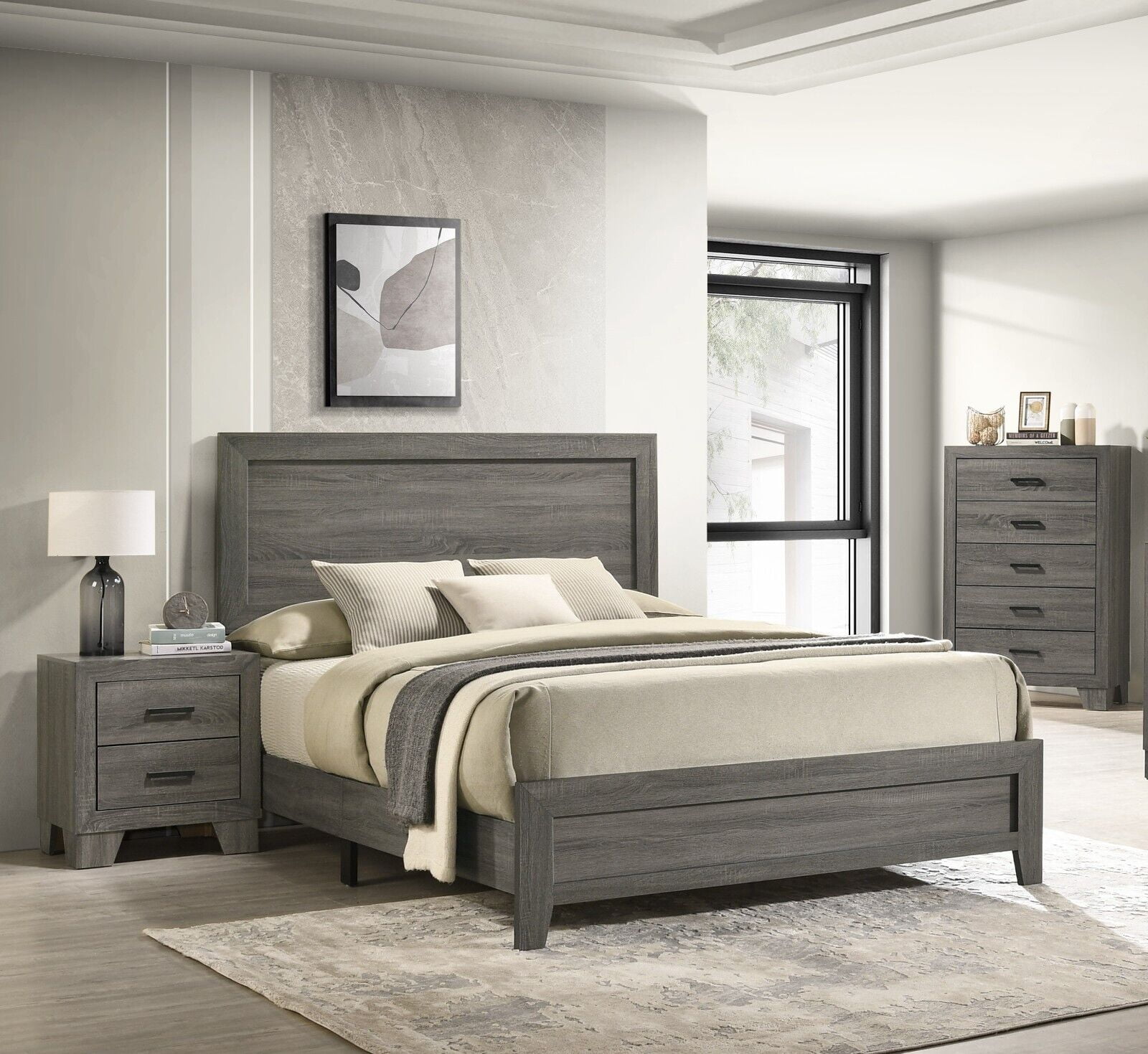 Contemporary 3pc Queen Size Panel Bed Chest Nightstand Bedroom Set Wooden Gray Finish - Walmart.com