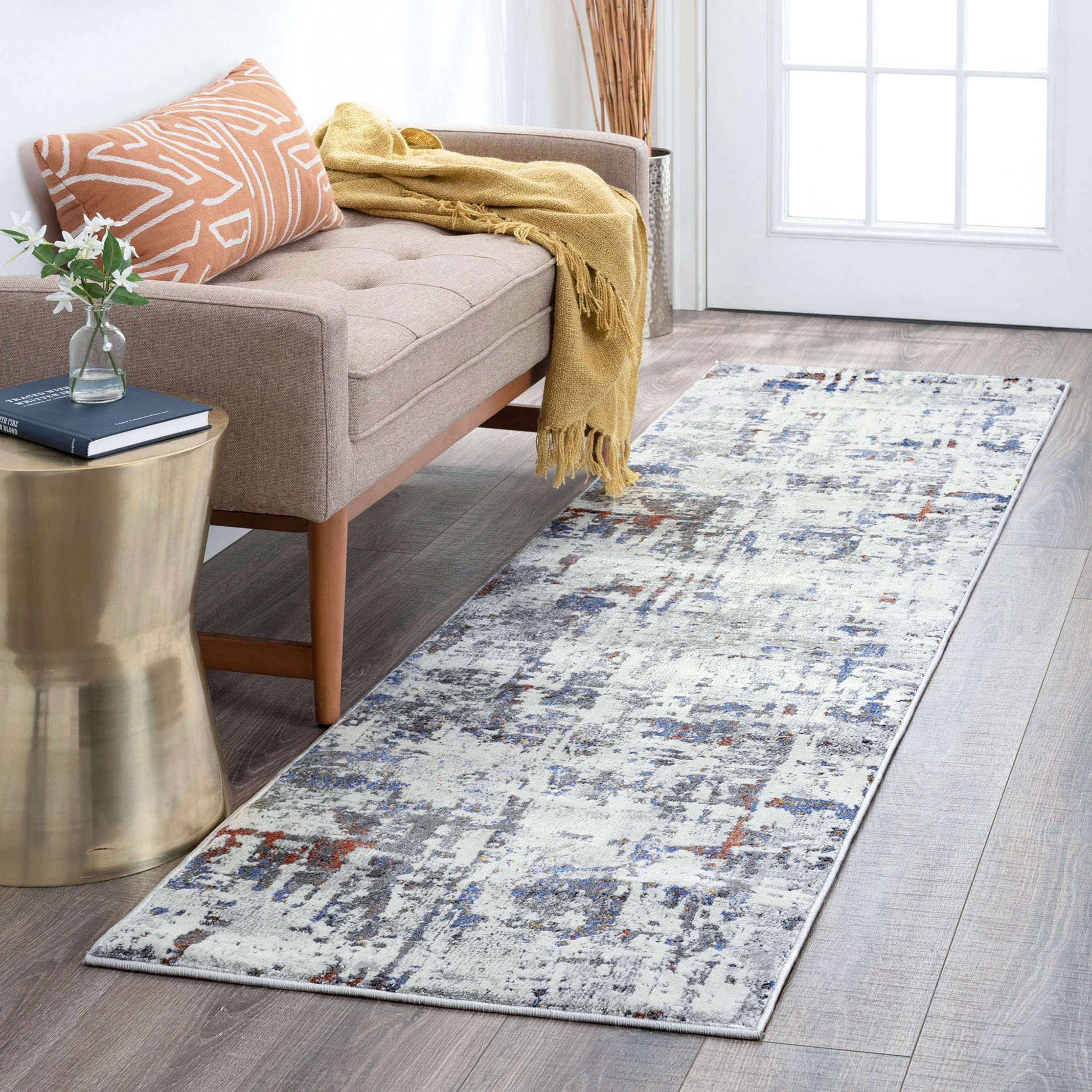 Contemporary 3x10 Area Rug (2'7'' x 9'10'') Abstract Gray, Teal Indoor Runner Easy to Clean