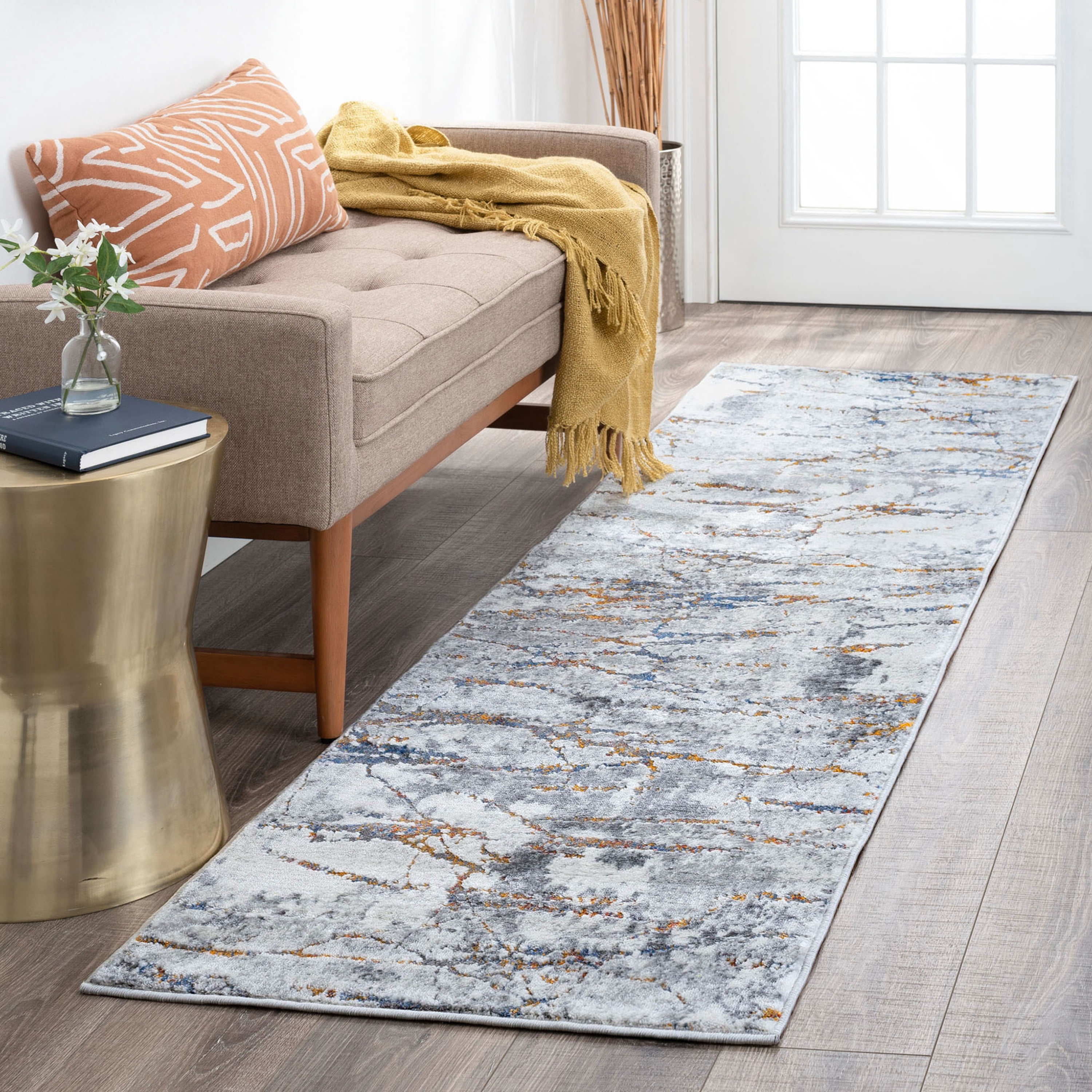 Contemporary 3x10 Area Rug (2'7'' x 9'10'') Abstract Gray, Teal Indoor Runner Easy to Clean