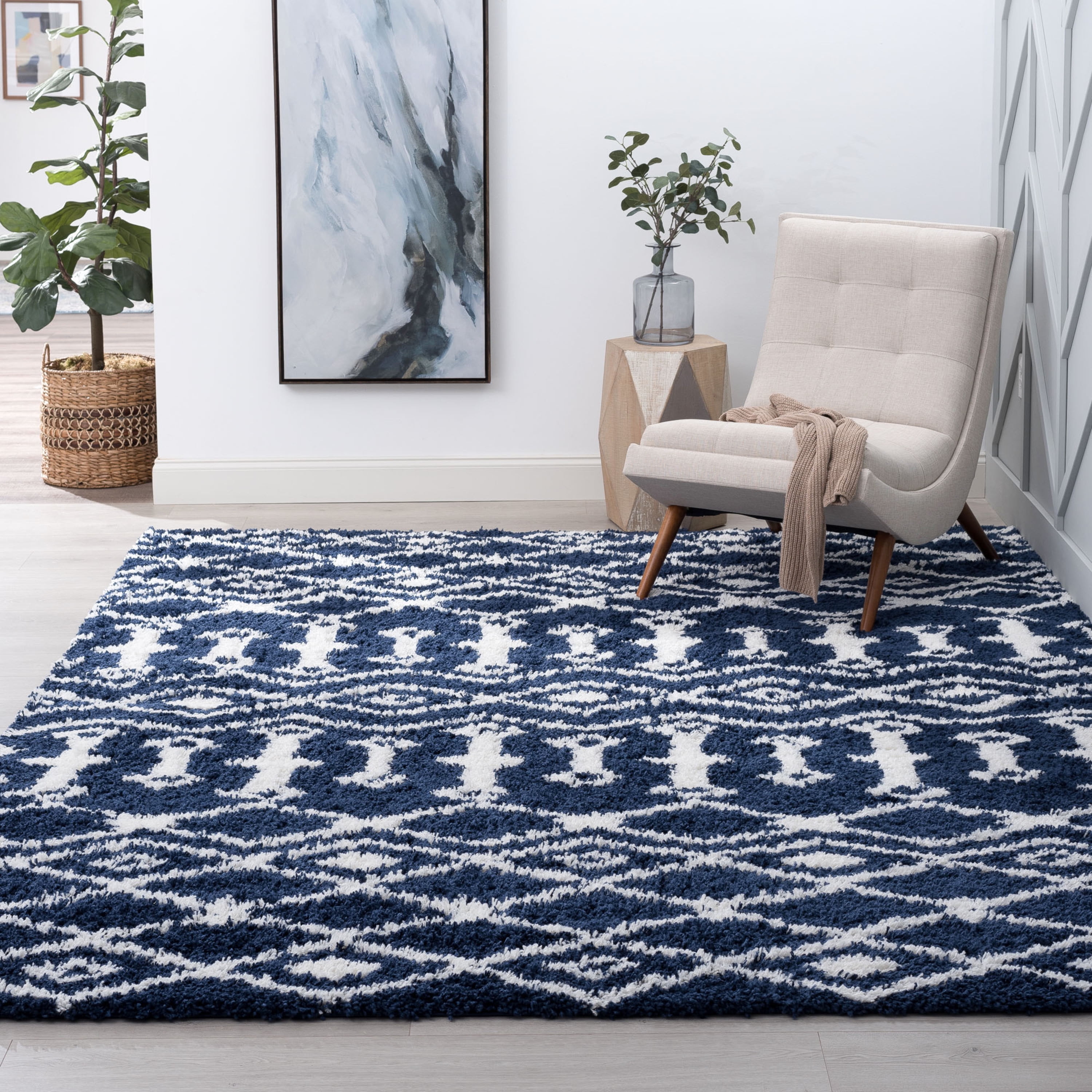 Contemporary 3x5 Area Rug Shag Thick (3'3'' x 5') Geometric Navy, White ...