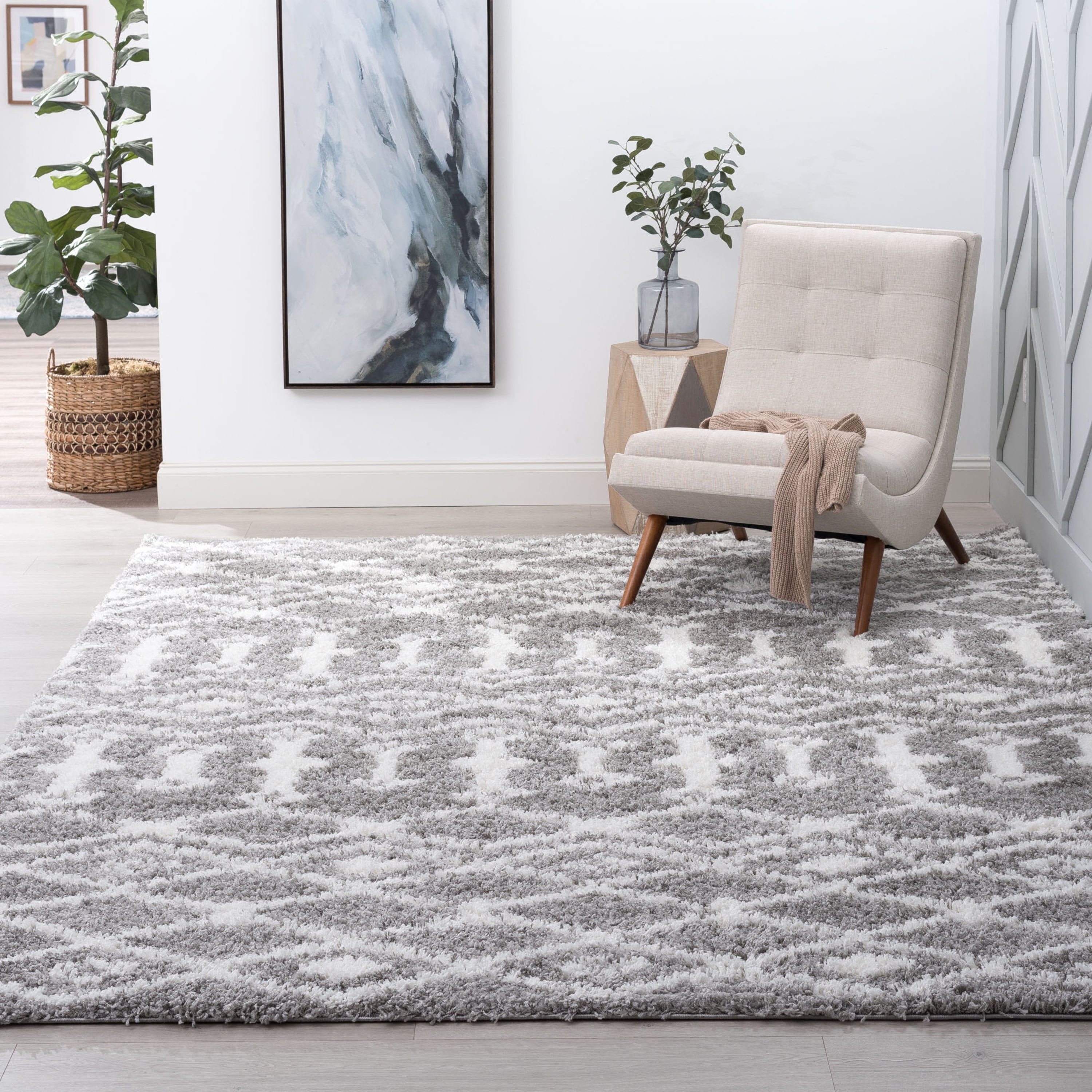 Contemporary 3x5 Area Rug Shag Thick (3'3'' x 5') Geometric Silver ...
