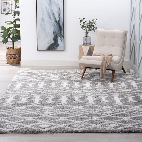 Contemporary 3x5 Area Rug Shag Thick (3'3'' x 5') Geometric Silver, White Indoor Rectangle Easy to Clean
