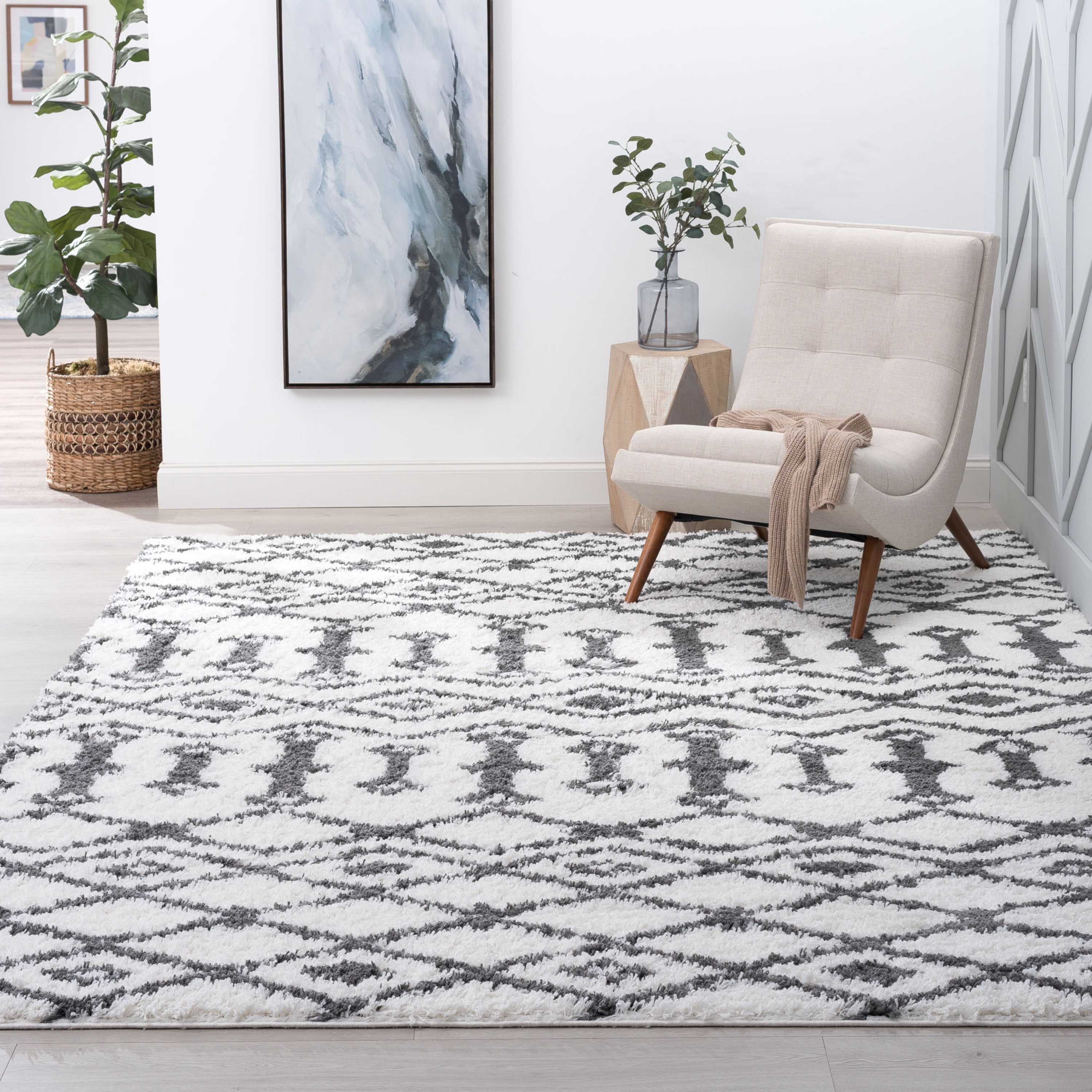 Contemporary 3x5 Area Rug Shag Thick (3'3'' x 5') Geometric White, Gray ...