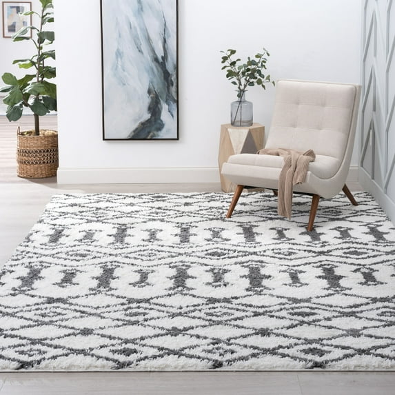Contemporary 3x5 Area Rug Shag Thick (3'3'' x 5') Geometric White, Gray Indoor Rectangle Easy to Clean