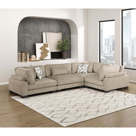 Contemporary 4-Piece Modular Sectional Set Brown Plush Comfortable Pillow Microfiber Upholstery Solid Wood Living Room Furniture