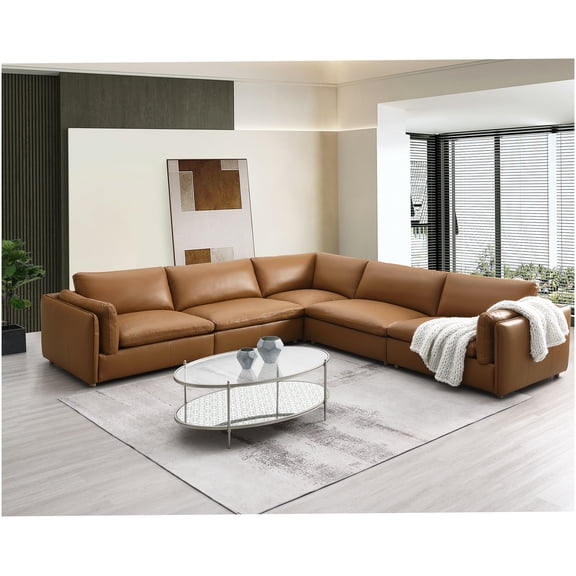 Contemporary 4-Seater Modular Sectional in Brown Top Grain Leather, 5-Pc Set with Ottoman